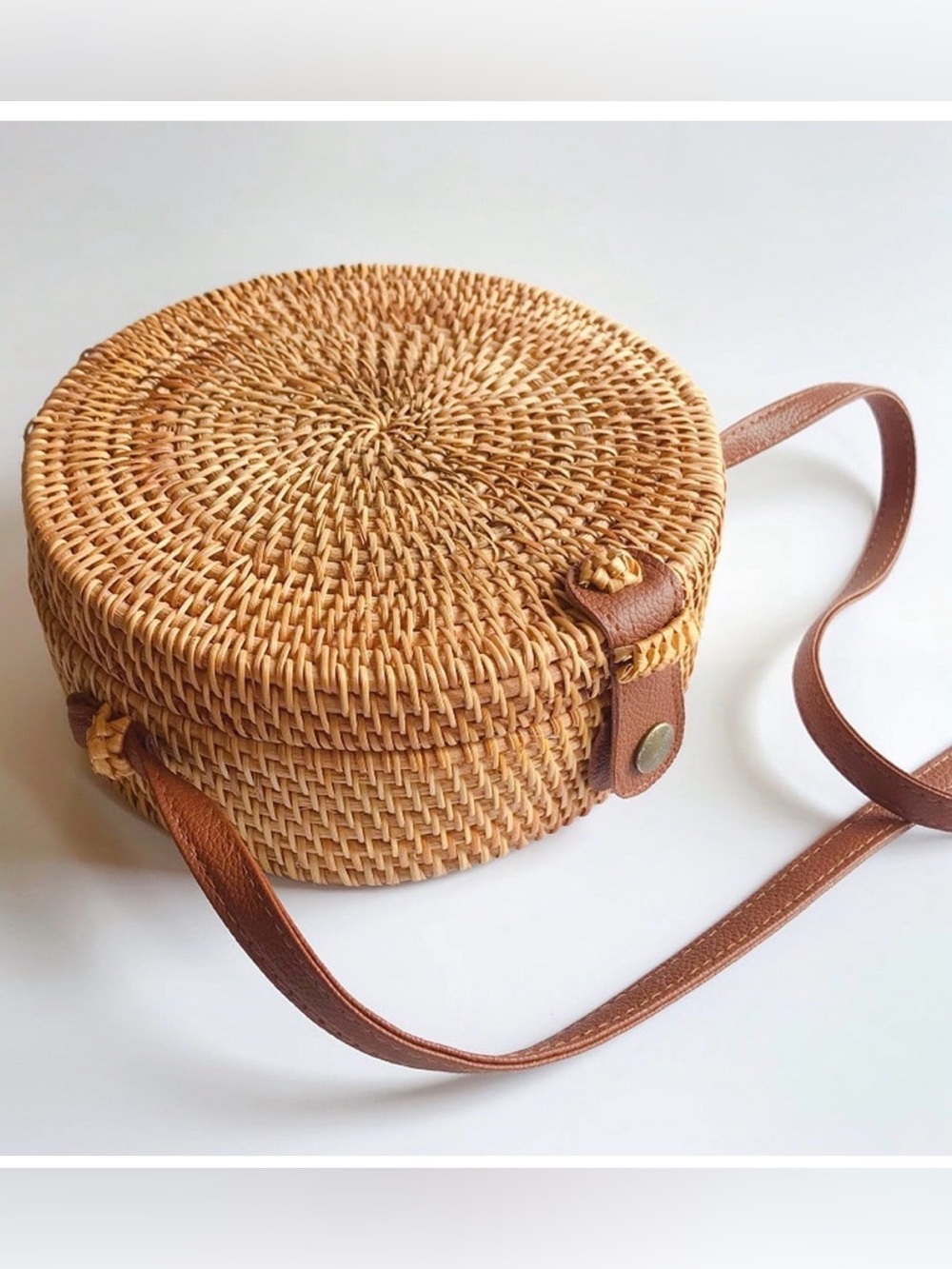 Natural NEO Handwoven Round Rattan Crossbody, Leather Straps & Floral Lining - Picture 7 of 9
